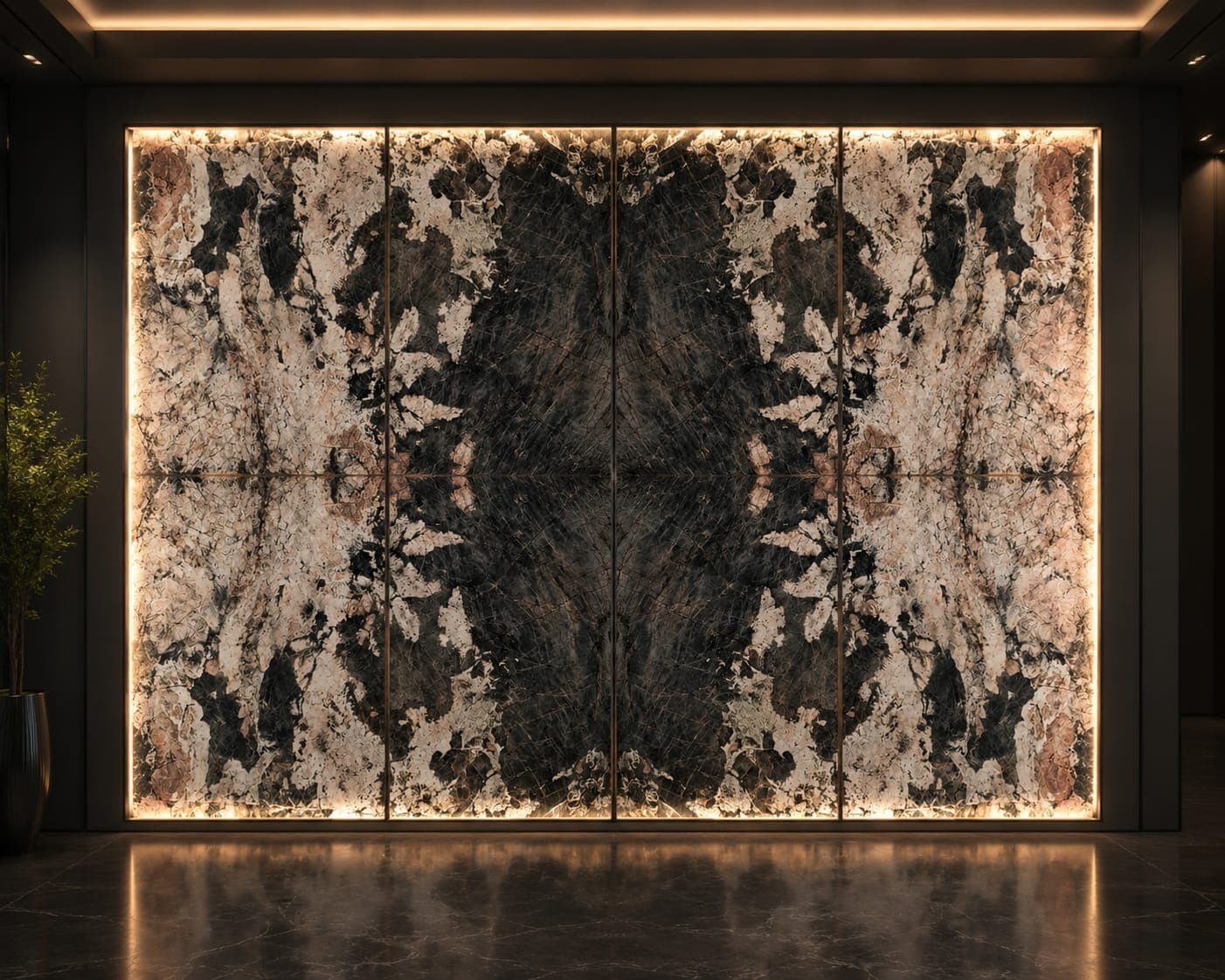 Luxurious backlit Patagonia Quartzite installation showcasing translucent crystal quartz clusters and dramatic veining